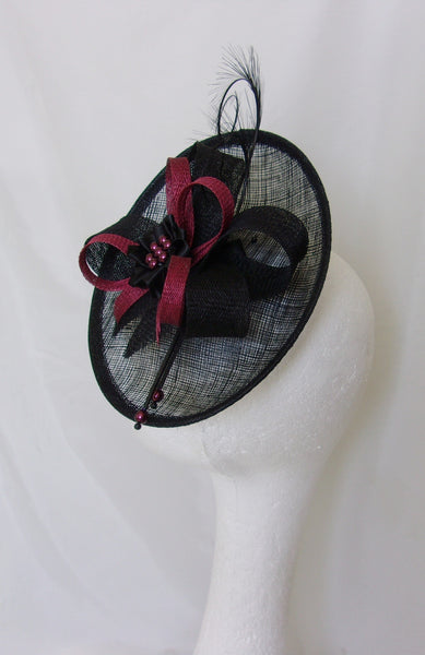 Black Burgundy Fascinator Upback Saucer with Sinamay Loops Curl Feathers & Pearls Wine Claret Marsala Hat- Made to Order - Ascot -Derby