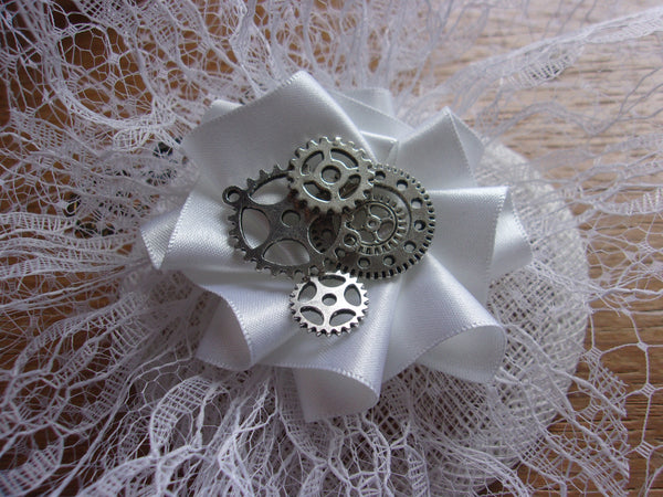 White Steampunk Bridal Hat Veiled Lace Vintage Style Fascinator with Cogs Gears - Wedding Bride - Made to Order silver