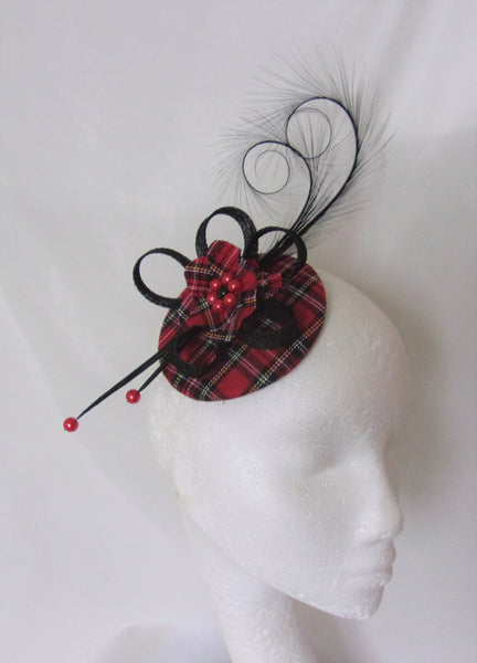 Red Stewart Tartan Fascinator Black Curl Feather and Sinamay Highlands Wedding Burns Night - Made to Order