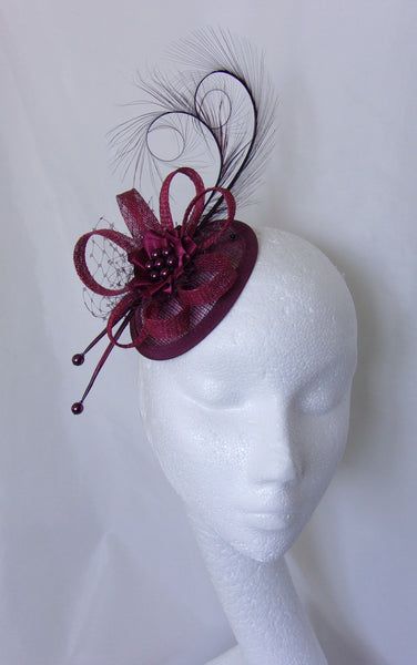 Shades of Burgundy Marsala Fascinator Pheasant Curl Feather Sinamay & Pearl Wedding Fascinator Headpiece Mini Hat with Comb - Ready Made