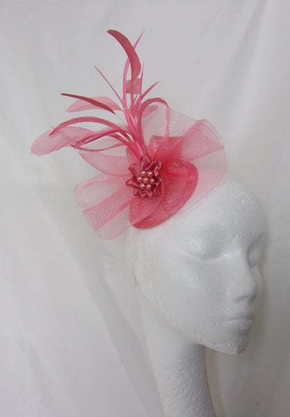 Bright Coral Fascinator Watermelon Vintage Style Crinoline Bow Feather Plume & Pearl Wedding Headpiece Mini Hat - Custom Made to Order