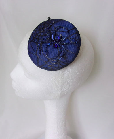 Royal Cobalt Blue & Black Crystal Spider Cobweb Cocktail Hat Fascinator Mini Headpiece - Gothic Halloween Wedding- Ready Made 