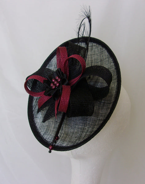 Black Burgundy Fascinator Upback Saucer with Sinamay Loops Curl Feathers & Pearls Wine Claret Marsala Hat- Made to Order - Ascot -Derby