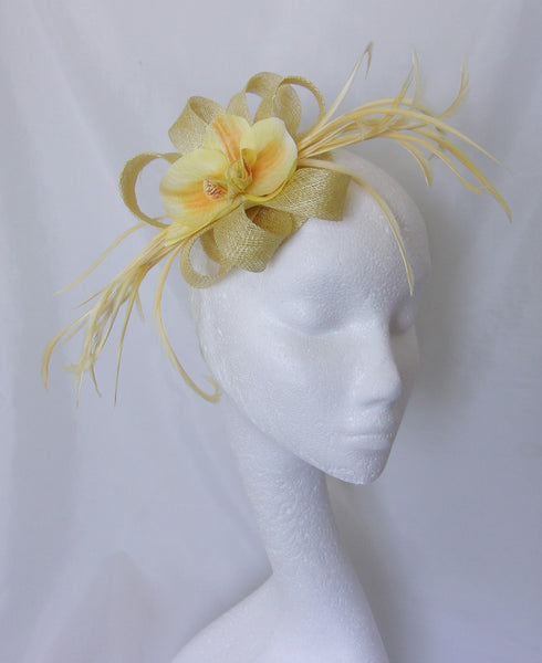 Yellow Fascinator - Primrose Lemon Yellows Shades Sinamay Loop Feather & Crystal Wedding Fascinator Mini Hat Ascot - Made to Order Orchid Flower