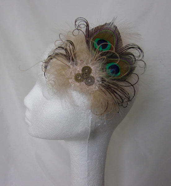 Pale Nude Cream Steampunk Peacock Feather & Brass Cogs Gears Bride Bridal Mini Fascinator Hair Clip - Ready Made