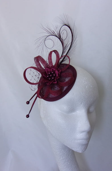 Shades of Burgundy Marsala Fascinator Pheasant Curl Feather Sinamay & Pearl Wedding Fascinator Headpiece Mini Hat with Comb - Ready Made