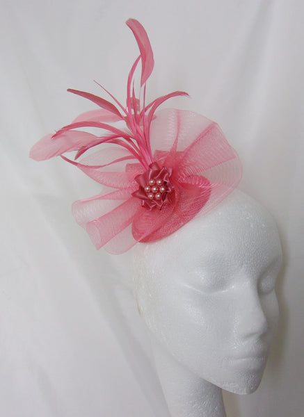Bright Coral Fascinator Watermelon Vintage Style Crinoline Bow Feather Plume & Pearl Wedding Headpiece Mini Hat - Custom Made to Order