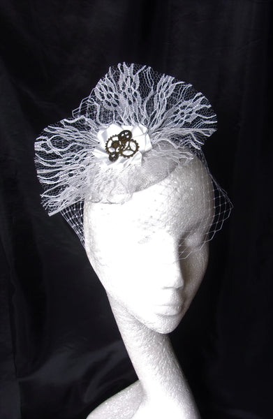 White Lace Bridal Hat Veiled Vintage Style Fascinator with Steampunk Cogs - Wedding Bride - Made to Order