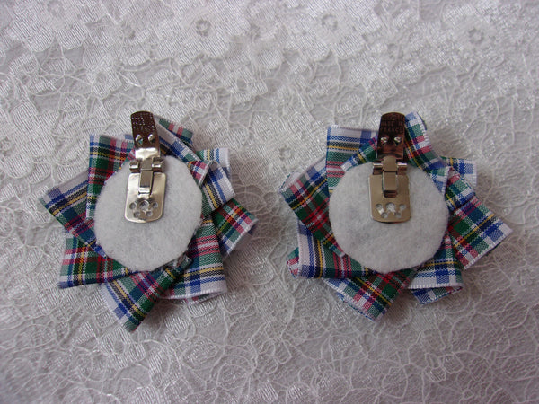 Scottish Highland Clan Tartan Ribbon Plain Ruffle & Crystal or Pearl Shoe Clips Decoration - Wedding Party - Made to Order