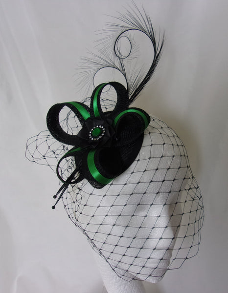 Bright Emerald Green and Black Veiled Fascinator with Pheasant Curl Feathers Sinamay & Pearls Wedding Mini Hat Ascot Derby - Made to Order