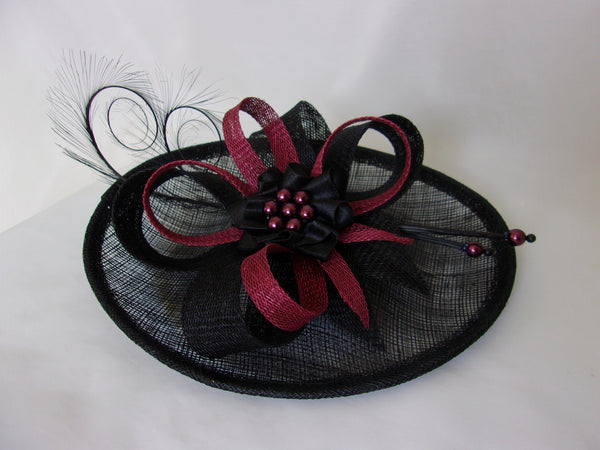 Black Burgundy Fascinator Upback Saucer with Sinamay Loops Curl Feathers & Pearls Wine Claret Marsala Hat- Made to Order - Ascot -Derby