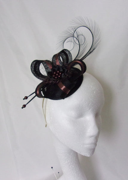 Black and Chocolate Brown Fascinator Pheasant Curl Feather Sinamay & Pearl Wedding Mini Hat Ascot Derby - Made to Order