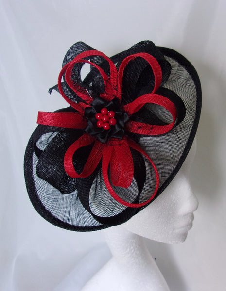 Black and Red Hat - Sinamay Loops & Pearls Saucer Fascinator Formal Wedding Derby Ascot - Made to Order