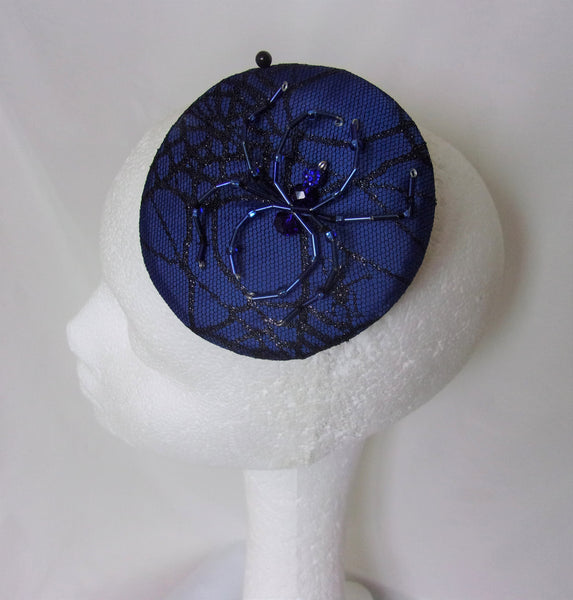 Royal Cobalt Blue & Black Crystal Spider Cobweb Cocktail Hat Fascinator Mini Headpiece - Gothic Halloween Wedding- Ready Made 