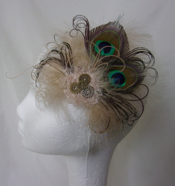 Pale Nude Cream Steampunk Peacock Feather & Brass Cogs Gears Bride Bridal Mini Fascinator Hair Clip - Ready Made