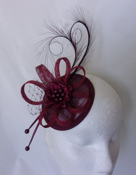 Shades of Burgundy Marsala Fascinator Pheasant Curl Feather Sinamay & Pearl Wedding Fascinator Headpiece Mini Hat with Comb - Ready Made