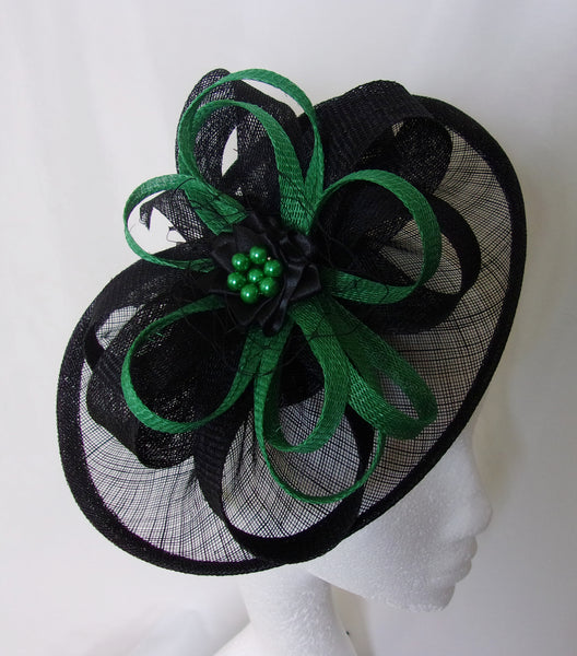 Black and Emerald Green Hat - Sinamay Loops & Pearls Saucer Fascinator Formal Wedding Derby Ascot - Made to Order