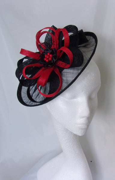 Black and Red Hat - Sinamay Loops & Pearls Saucer Fascinator Formal Wedding Derby Ascot - Made to Order