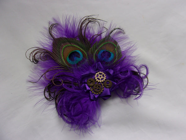 Light Purple Ultraviolet Peacock Feather & Brass Cogs Steampunk Style Mini Hair Clip Headpiece - Wedding Hatclip Burlesque