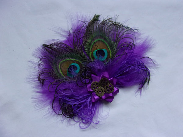 Shades of Cadbury Purple Peacock Feather Victoriana Wedding Fascinator Hair Clip With Brass Steampunk Cogs- Burlesque Style - Made to Order