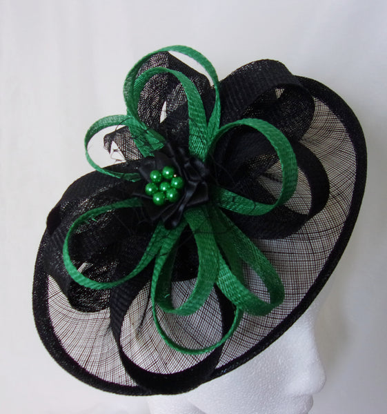 Black and Emerald Green Hat - Sinamay Loops & Pearls Saucer Fascinator Formal Wedding Derby Ascot - Made to Order somerset