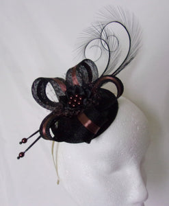 Black and Chocolate Brown Fascinator Pheasant Curl Feather Sinamay & Pearl Wedding Mini Hat Ascot Derby - Made to Order