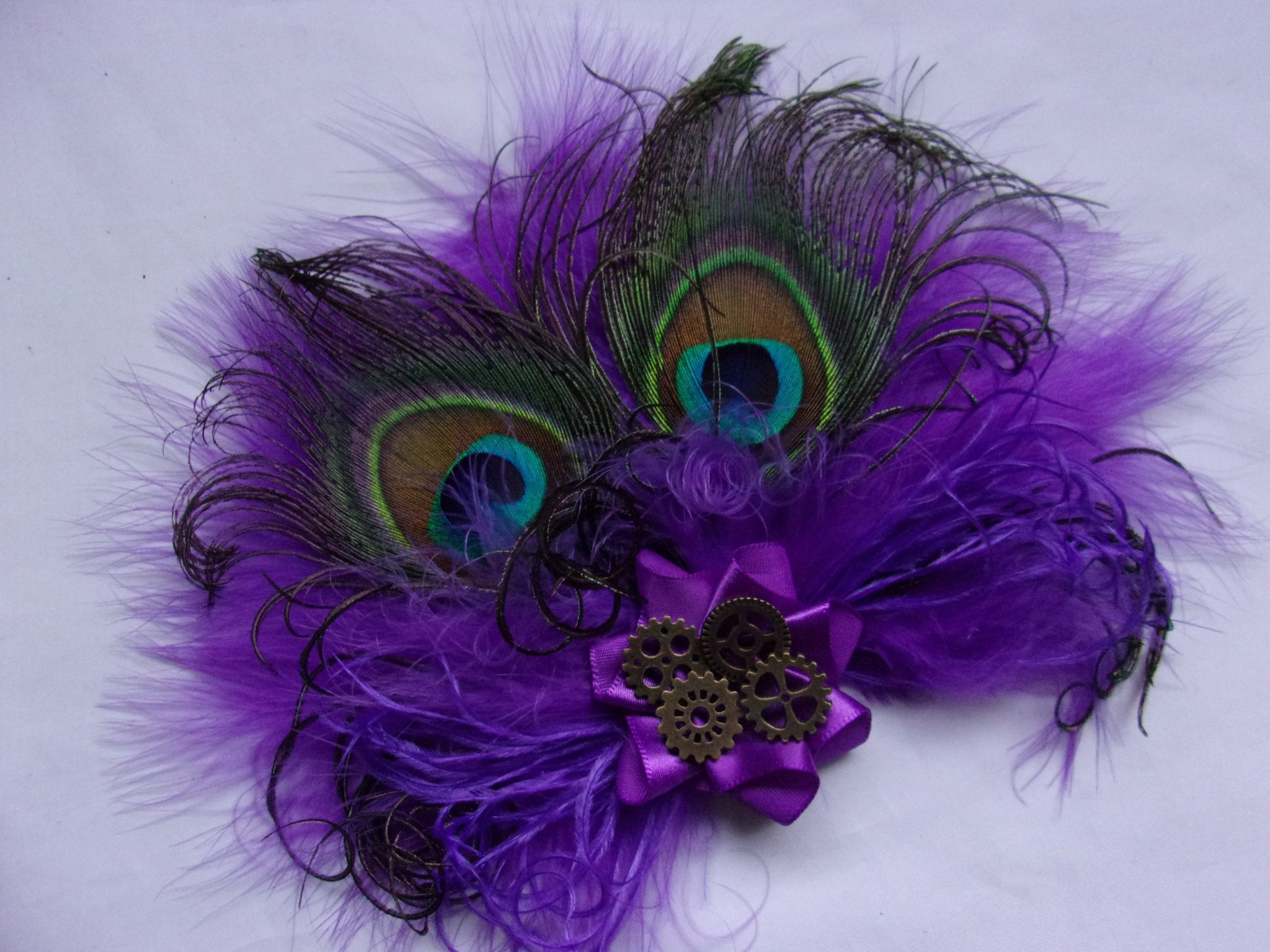 Shades of Cadbury Purple Peacock Feather Victoriana Wedding Fascinator Hair Clip With Brass Steampunk Cogs- Burlesque Style - Made to Order