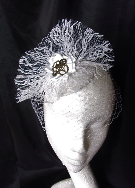 White Steampunk Bridal Hat Veiled Lace Vintage Style Fascinator with Cogs Gears - Wedding Bride - Made to Order 