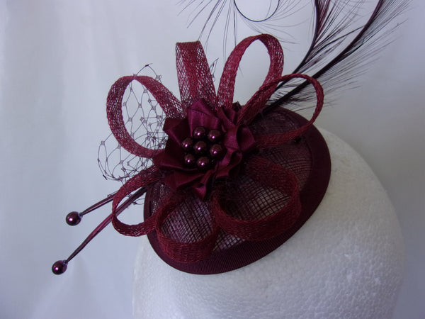Shades of Burgundy Marsala Fascinator Pheasant Curl Feather Sinamay & Pearl Wedding Fascinator Headpiece Mini Hat with Comb - Ready Made