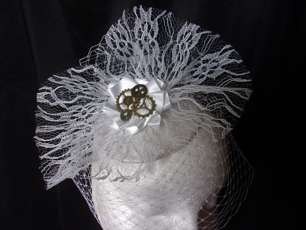 White Steampunk Bridal Hat Veiled Lace Vintage Style Fascinator with Cogs Gears - Wedding Bride - Made to Order 