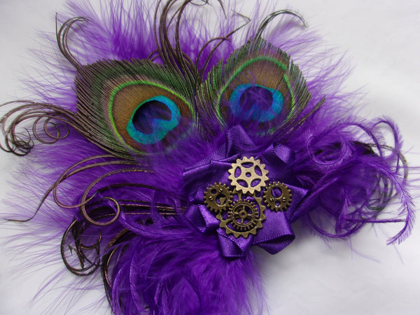 Light Purple Ultraviolet Peacock Feather & Brass Cogs Steampunk Style Mini Hair Clip Headpiece - Wedding Hatclip Burlesque