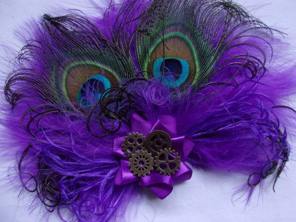 Shades of Cadbury Purple Peacock Feather Victoriana Wedding Fascinator Hair Clip With Brass Steampunk Cogs- Burlesque Style - Made to Order