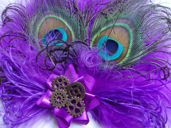 Shades of Cadbury Purple Peacock Feather Victoriana Wedding Fascinator Hair Clip With Brass Steampunk Cogs- Burlesque Style - Made to Order