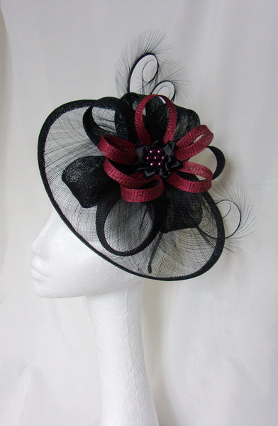 Black & Burgundy Fascinator Large Sinamay Saucer Curl Feather and Marsala Wine Loop Pearl Hat Wedding Royal Ascot - Made to Order