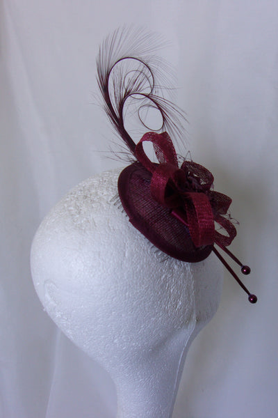 Shades of Burgundy Marsala Fascinator Pheasant Curl Feather Sinamay & Pearl Wedding Fascinator Headpiece Mini Hat with Comb - Ready Made