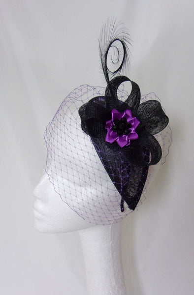 Black and Bright Cadbury Purple Veil Curl Feather and Crystal Studded Teardrop Gothic Mini Hat Percher Fascinator