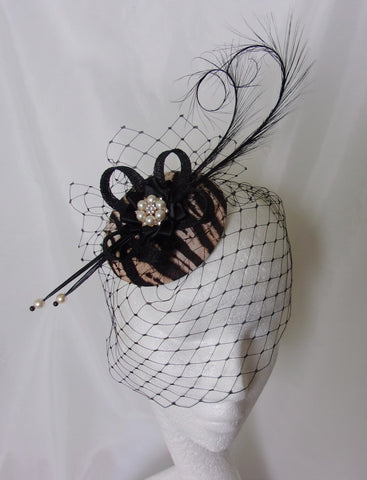 Tiger Stripe Fascinator - Safari Animal Print and Black Feather and Pearl Wedding Ascot Mini Hat - Ready Made