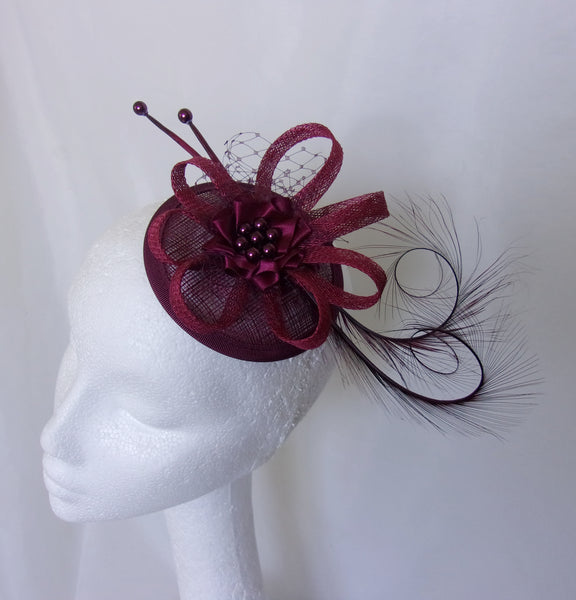 Shades of Burgundy Marsala Fascinator Pheasant Curl Feather Sinamay & Pearl Wedding Fascinator Headpiece Mini Hat with Comb - Ready Made