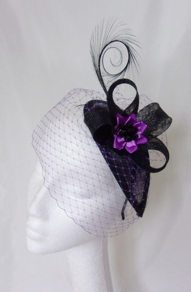 Black and Bright Cadbury Purple Veil Curl Feather and Crystal Studded Teardrop Gothic Mini Hat Percher Fascinator
