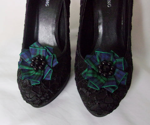 Black Watch Tartan Shoe Clips, Green and Black Shoe Clip Shoeclips Plaid Blackwatch Ruffles with Pearls Highland Clan - Ready Made