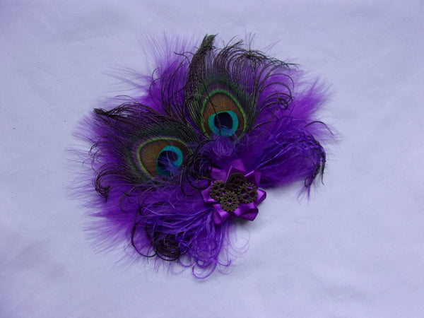 Shades of Cadbury Purple Peacock Feather Victoriana Wedding Fascinator Hair Clip With Brass Steampunk Cogs- Burlesque Style - Made to Order