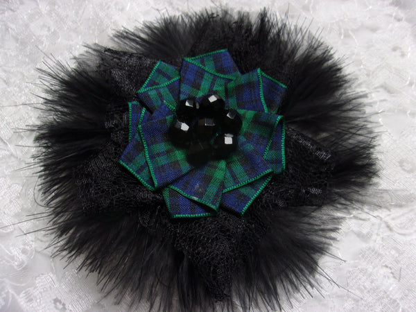 Black Tartan Feather and Lace Brooch Black Watch Crystal Corsage Bridal Pin Highlands Burns Night Scottish Wedding - Made to Order