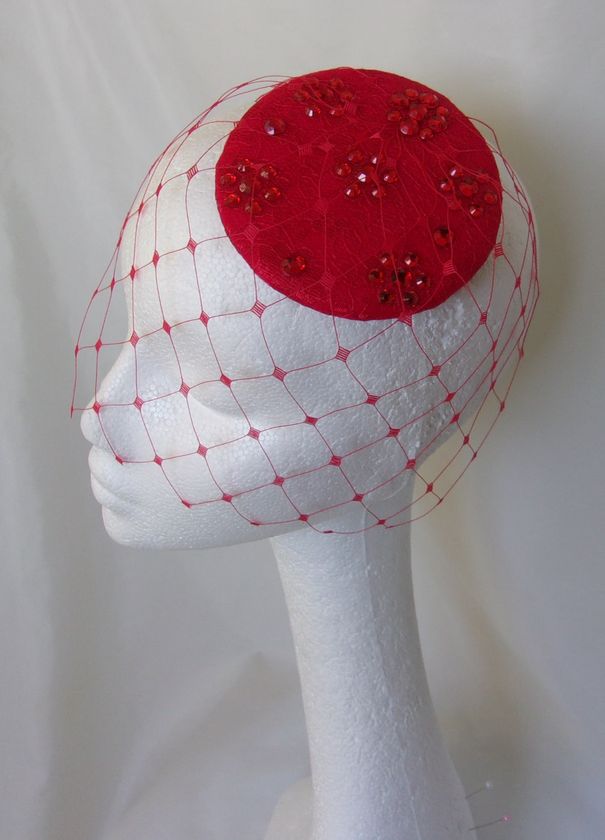 Red Crystal Fascinator Vintage Veiled Headpiece - A Retro Style Lace Percher Disc with Crystals Merry Widow Blusher Veil - Ready Made
