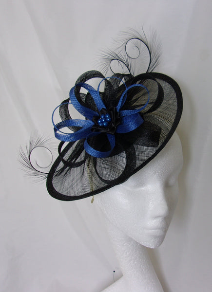Black & Royal Blue Fascinator Sinamay Saucer Curl Feather and Sapphire Pearl Headpiece Hat Ascot Derby - Custom Made to Order