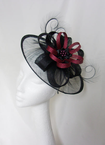 Black & Burgundy Fascinator Large Sinamay Saucer Curl Feather and Marsala Wine Loop Pearl Hat Wedding Royal Ascot - Made to Order