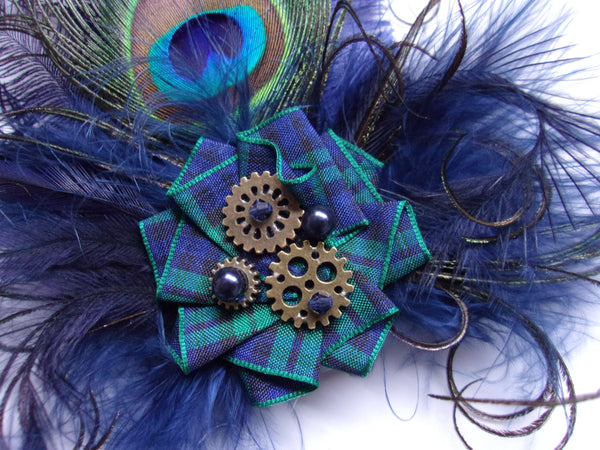 Steampunk Feather Brooch - Peacock Feather Buttonhole Corsage with Brass Cogs - Many Colours - Plain or Tartan - Wedding Bride Cosplay