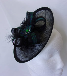 Black Watch Tartan & Black Upback Saucer Sinamay Fascinator Hat - Blackwatch Highlands Wedding Scottish Burns Night - Made to Order
