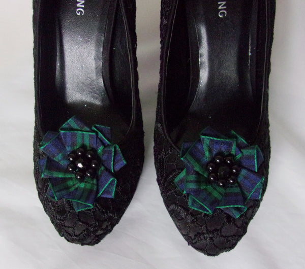 Black Watch Tartan Shoe Clips, Green and Black Shoe Clip Shoeclips Plaid Blackwatch Ruffles with Pearls Highland Clan - Ready Made