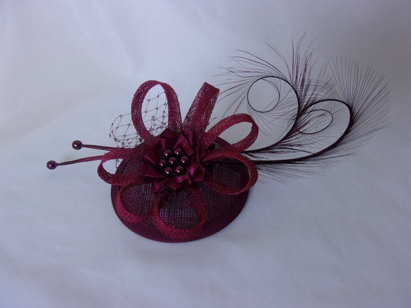 Shades of Burgundy Marsala Fascinator Pheasant Curl Feather Sinamay & Pearl Wedding Fascinator Headpiece Mini Hat with Comb - Ready Made