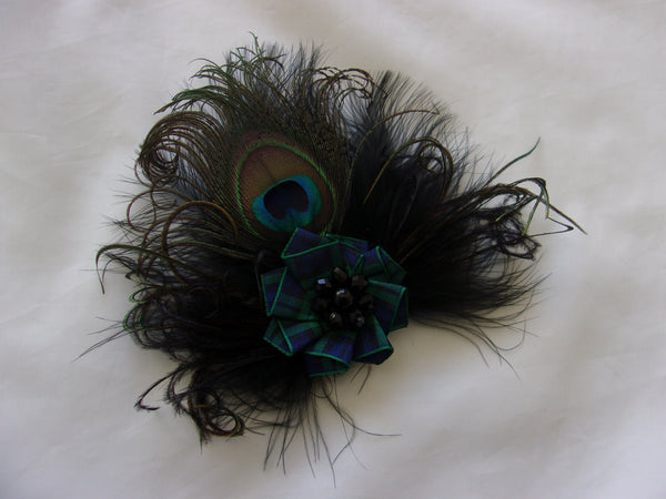 black peacock feather Black Watch tartan brooch corsage burns night